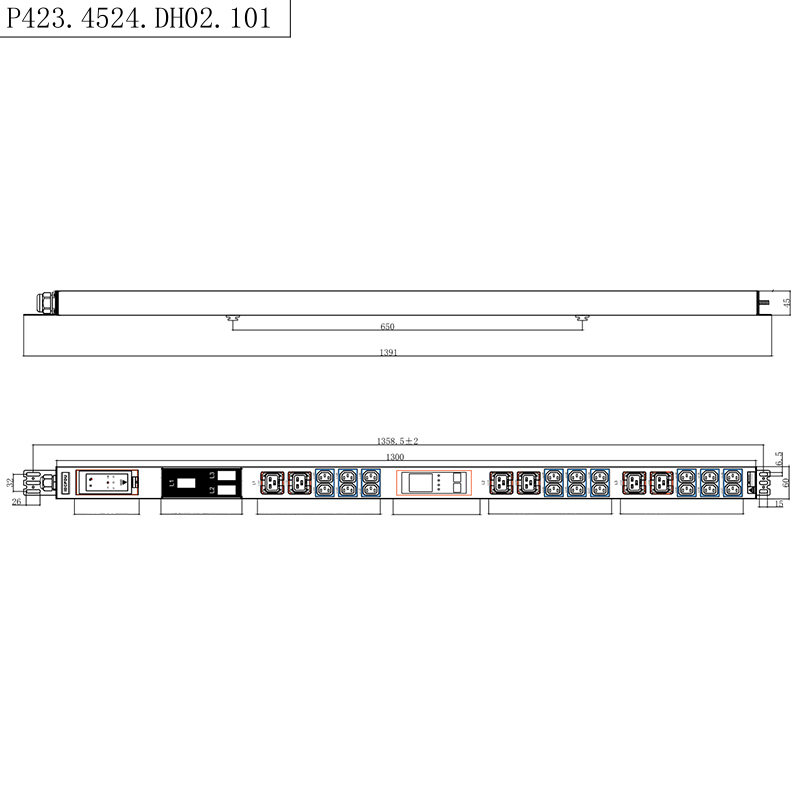 24 Ổ cắm 3 pha IEC C13 & C19 Ổ cắm có khóa 1.5U Bộ ngắt mạch từ chất lỏng Dọc Giá đỡ đo lường RS485 có thể tráo đổi nóng dọc PDU